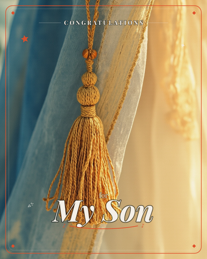 A close-up photograph of a golden tasselled tieback hanging against sheer curtains, its twisted cord and knotted beads catching warm light on one side…, a graduation e-card design