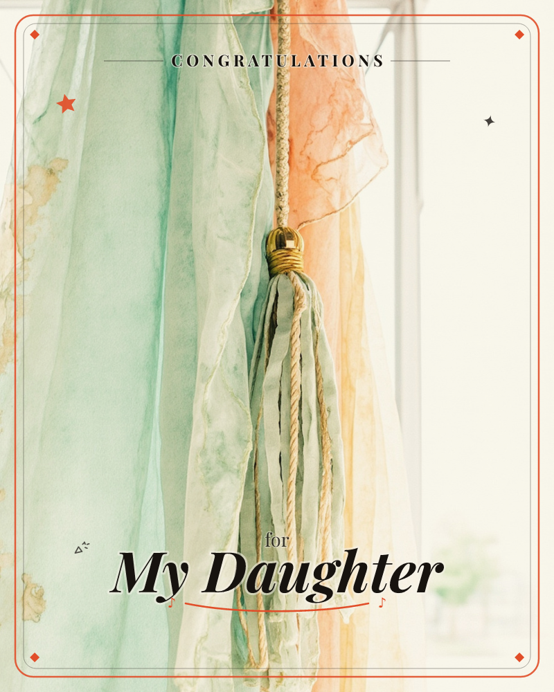 A photographic close-up shows a sheer curtain gathered by a braided tassel tieback with a small brass cap, the fabric dyed in soft washes of seafoam…, a graduation e-card design