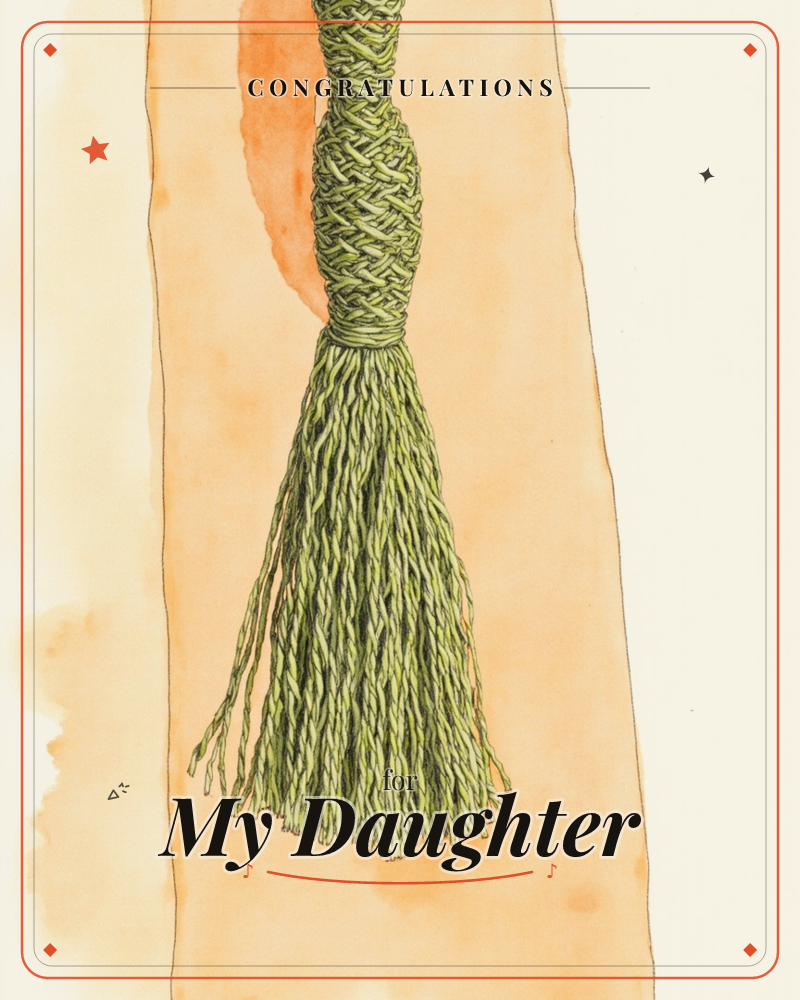 A close-up illustration shows a length of braided cord or rope tied off into a woven knot, its loose green strands fanning out like a tassel or a…, a graduation e-card design