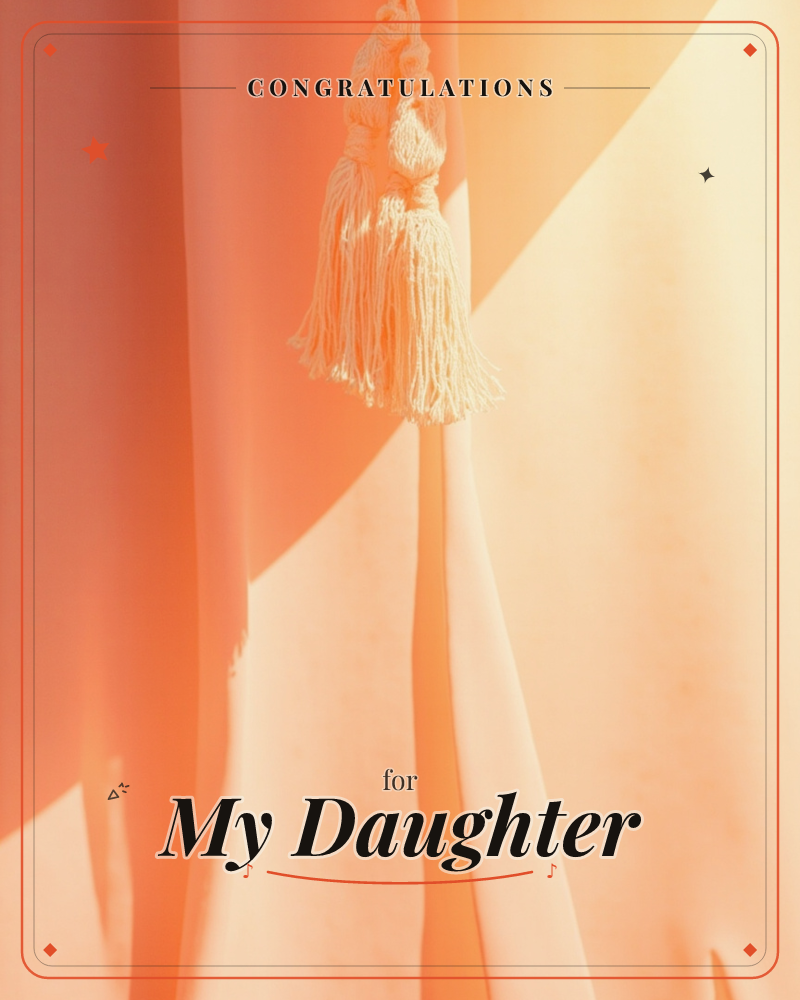 A cream tassel hangs against a curtain washed in warm coral light, the fabric folding softly into shadow at the edges of the frame, a graduation e-card design