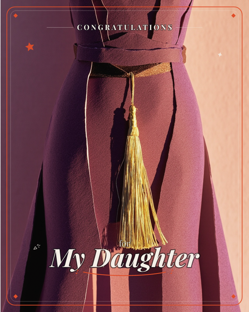 A close-up of a dressmaker's mannequin wearing a plum-coloured dress cinched with a gold-threaded belt, from which a thick golden tassel hangs down…, a graduation e-card design