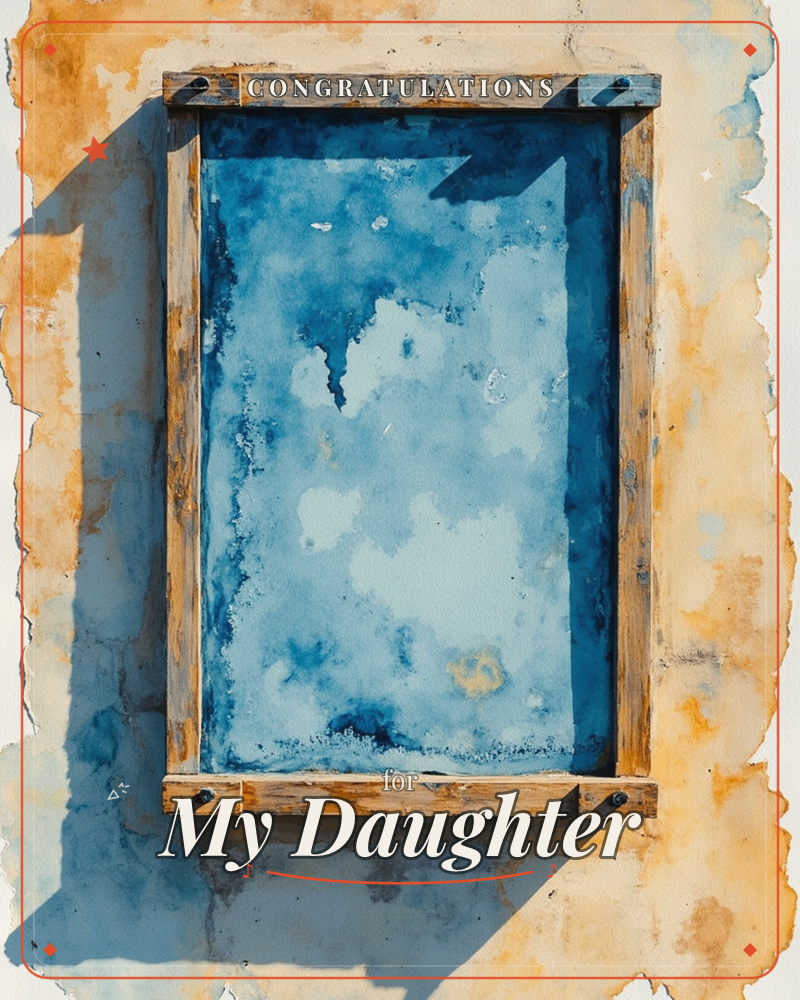 A rough wooden frame holds a mottled indigo-and-sky-blue wash, set against a weathered wall stained in ochre and rust, a graduation e-card design