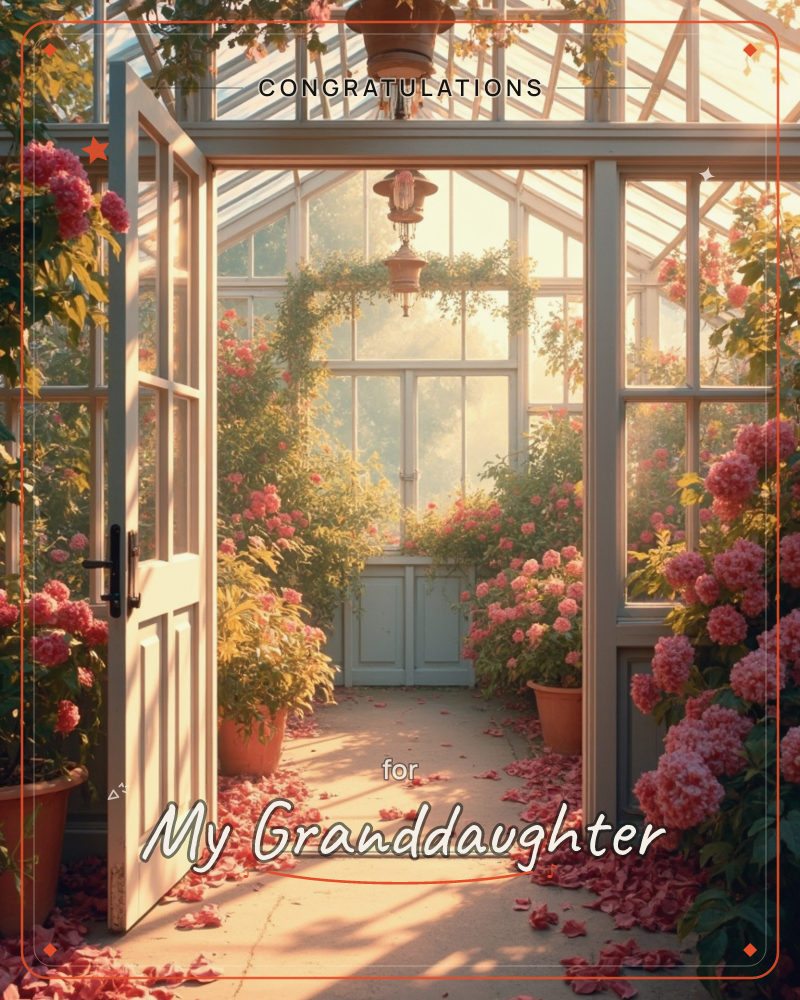 A glass greenhouse door stands open onto a sunlit path scattered with fallen pink petals, roses and hydrangeas crowding in terracotta pots on either side, a graduation e-card design