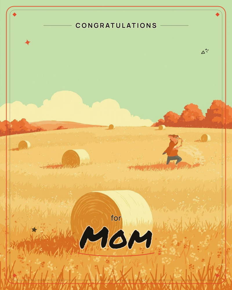 A golden harvest field is dotted with rolled hay bales under a soft mint-green sky, autumn trees glowing orange along the far hills, a graduation e-card design