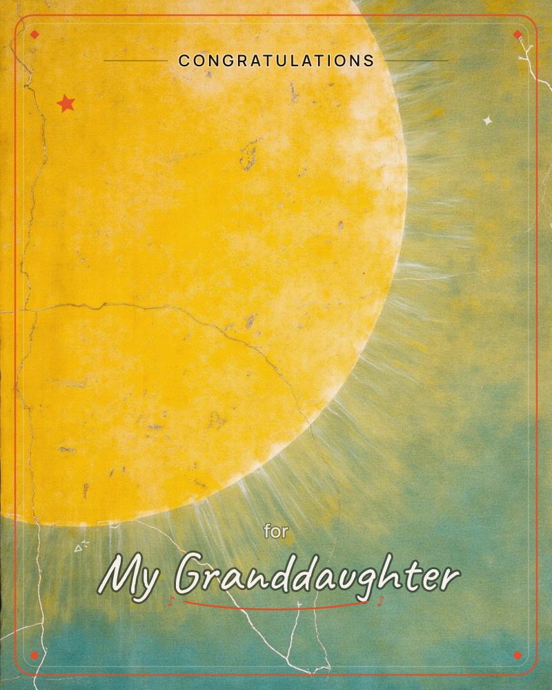 A large golden sun fills the upper left corner of the composition, its curved edge fraying into fine white rays that scatter across a soft teal-green sky, a graduation e-card design
