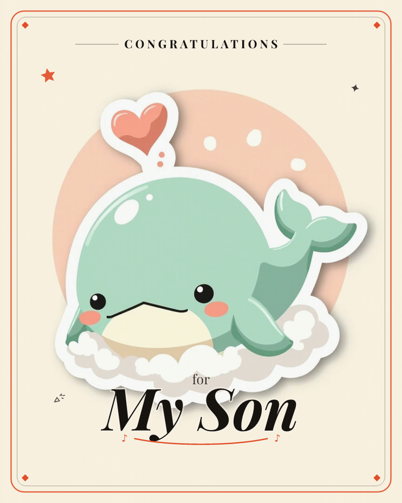 A round-bodied mint-green whale with rosy cheeks rests on a fluffy white cloud, a small coral heart floating above its water spout, a graduation e-card design