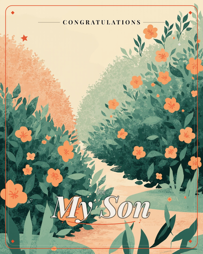 A winding sandy path curves away between two tall hedgerows thick with orange blossoms and layered green leaves, opening into a soft cream sky, a graduation e-card design