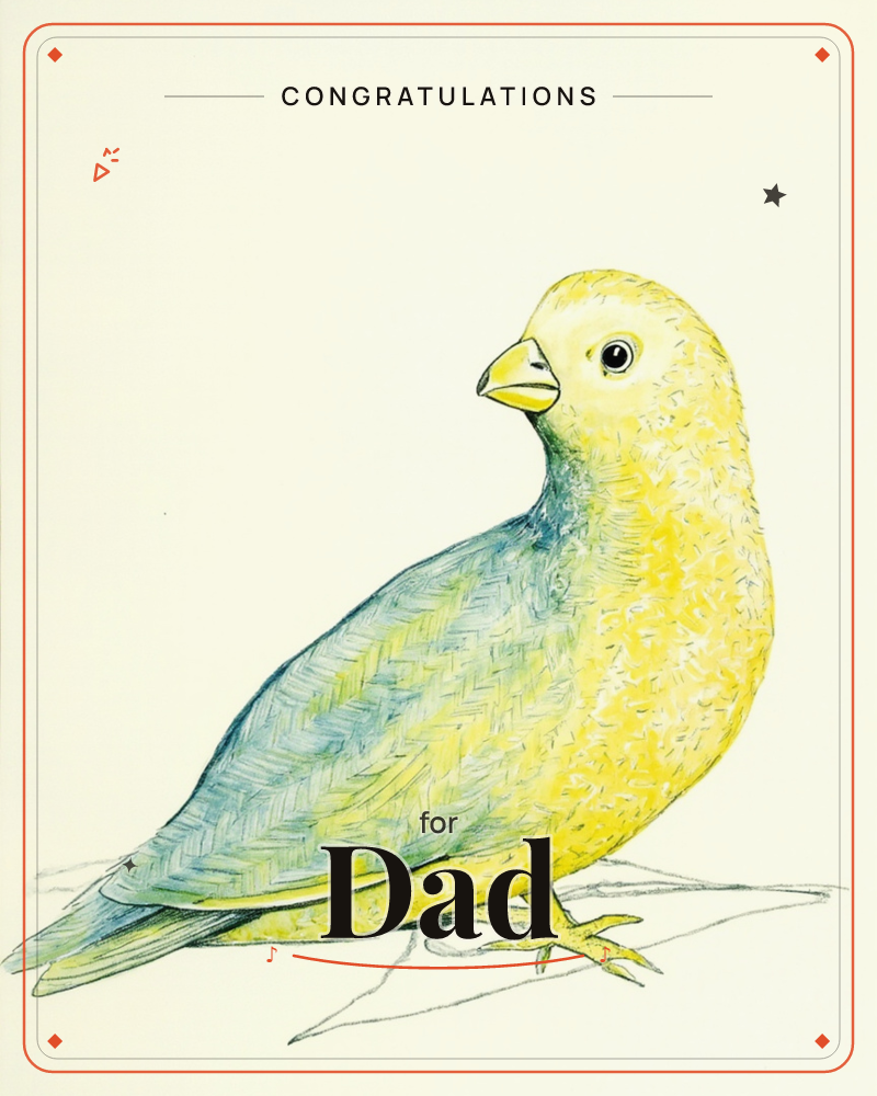 A round, plump little bird sits alone on a plain cream background, its yellow head and breast rendered in fine hatched pencil strokes and its wing…, a graduation e-card design