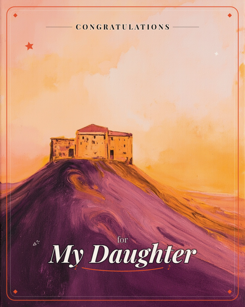 An old stone building with a red-tiled roof sits alone atop a swirling purple hill, glowing under a hazy orange and pink sky, a graduation e-card design