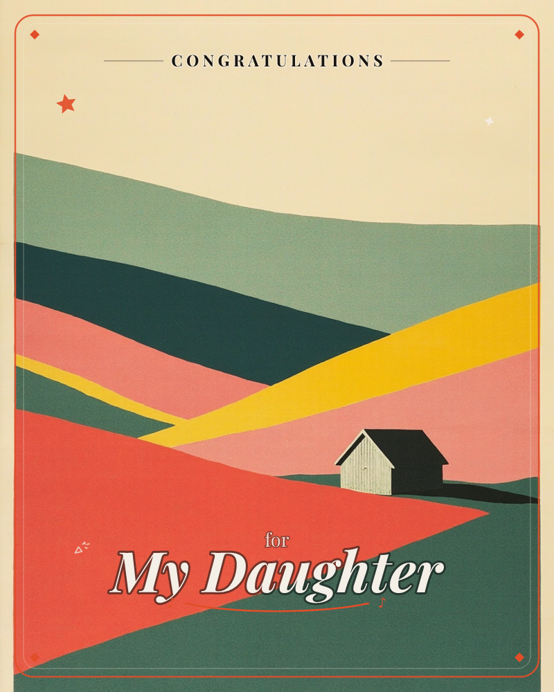 A small barn sits alone in a landscape built from flat sweeps of colour, sage green hills folding into a golden valley, a red field spilling toward…, a graduation e-card design