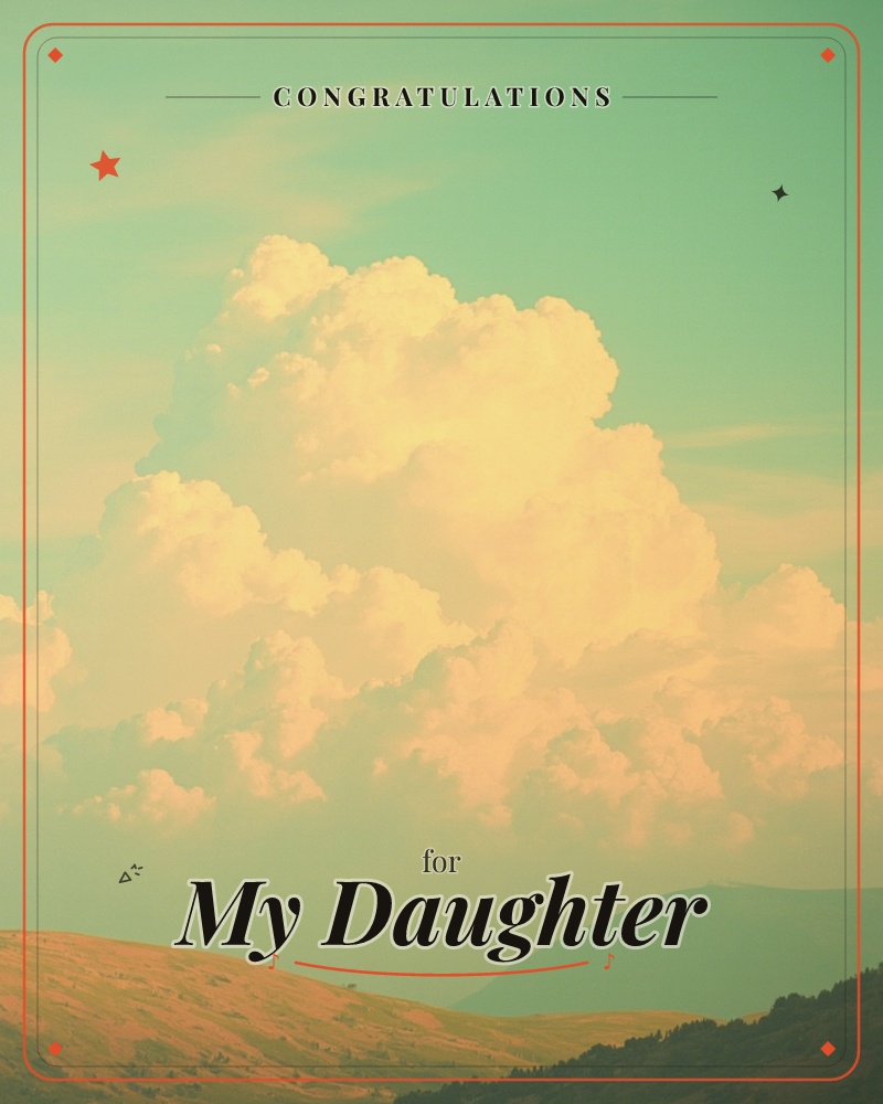 A towering cumulus cloud billows above rolling hills, glowing pale gold where the light catches its edges against a mint-green sky, a graduation e-card design