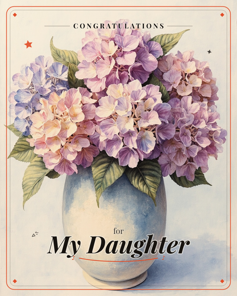 A rounded, egg-shaped ceramic vase holds a full bouquet of hydrangeas in shifting shades of lilac, blush pink and soft blue, a graduation e-card design