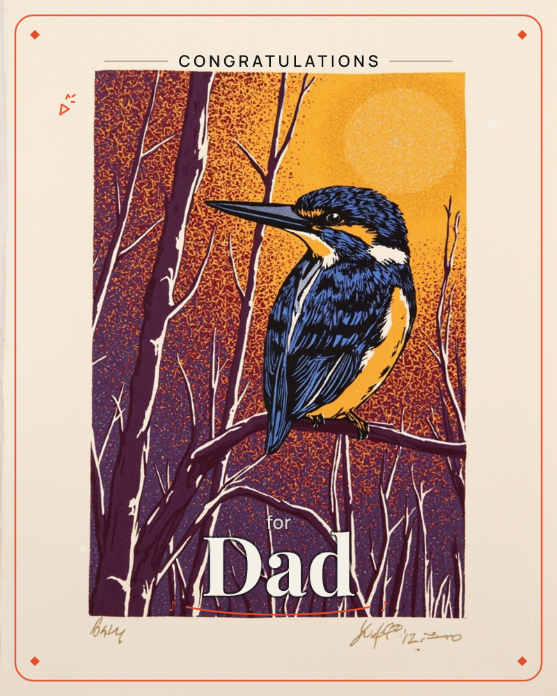 A linocut print shows a kingfisher perched on a bare branch, its blue and orange feathers bold against a mottled amber sky with a pale sun glowing…, a graduation e-card design