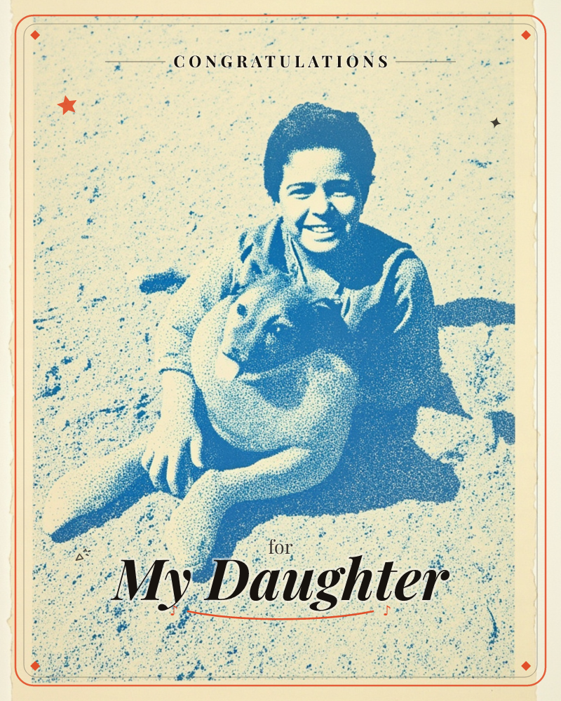 A monochrome blue screenprint shows a woman sitting on sand, smiling, with her arm draped around a large sand-sculpted animal shaped like a lounging…, a graduation e-card design