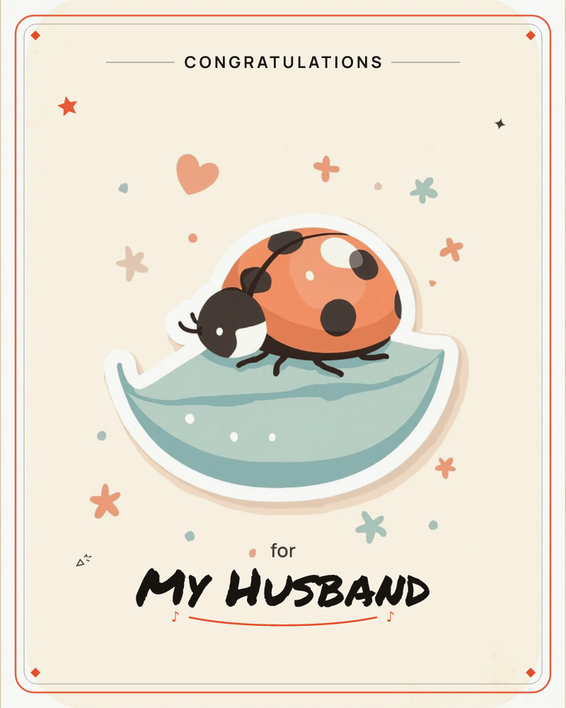 A cheerful ladybird with a glossy orange shell rests on a pale green leaf, framed by scattered flowers, dots, and a single small heart, a graduation e-card design