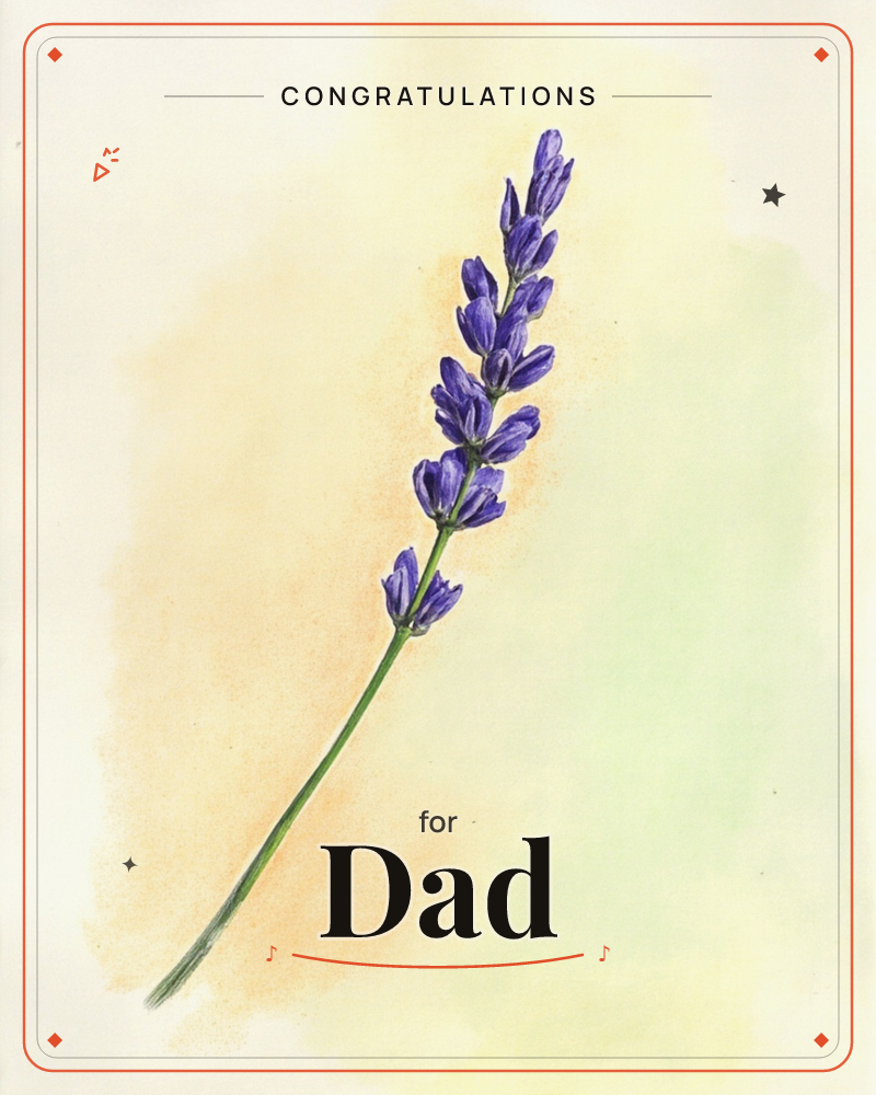A single lavender stem angles across the page, its purple flower spikes rendered in careful botanical detail with a frayed cut end at the base, a graduation e-card design