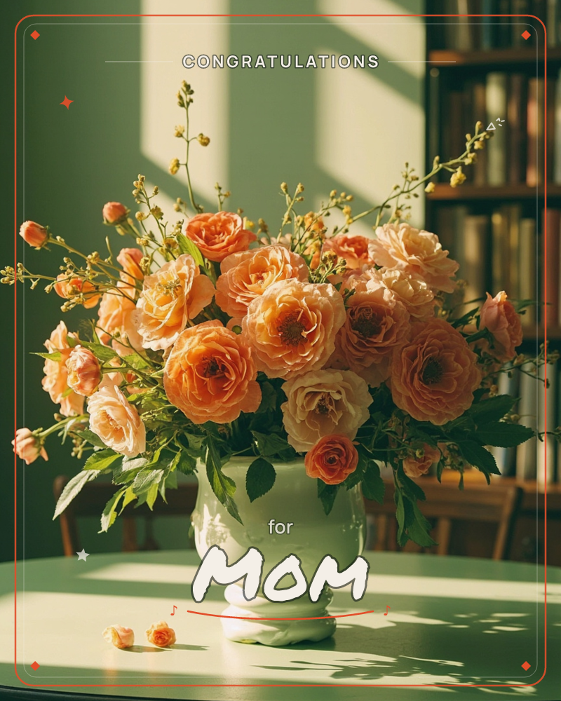 A white ceramic vase overflows with peach and apricot roses, their petals catching a warm shaft of afternoon light against a deep green wall, a graduation e-card design