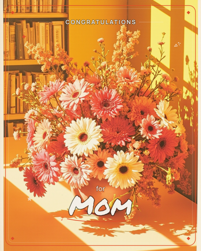 A round vase overflows with gerbera daisies in white, pink, coral and orange, set on a table before a bookshelf, a graduation e-card design