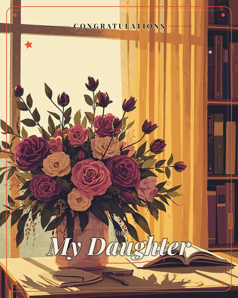 A vase of deep burgundy and dusty pink roses sits on a wooden table beside an open book, lit by warm amber light through a curtained window, a graduation e-card design
