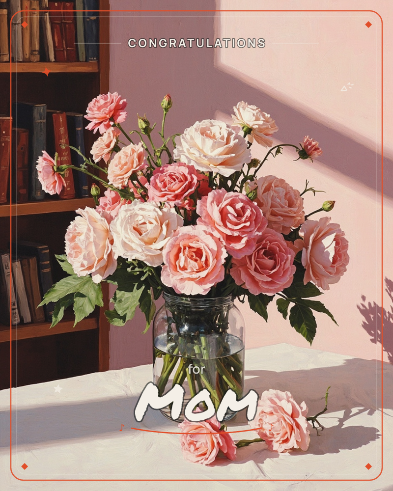 A glass jar crowded with pink and cream roses sits on a table beside a wooden bookshelf, late afternoon light slanting across a rose-colored wall…, a graduation e-card design