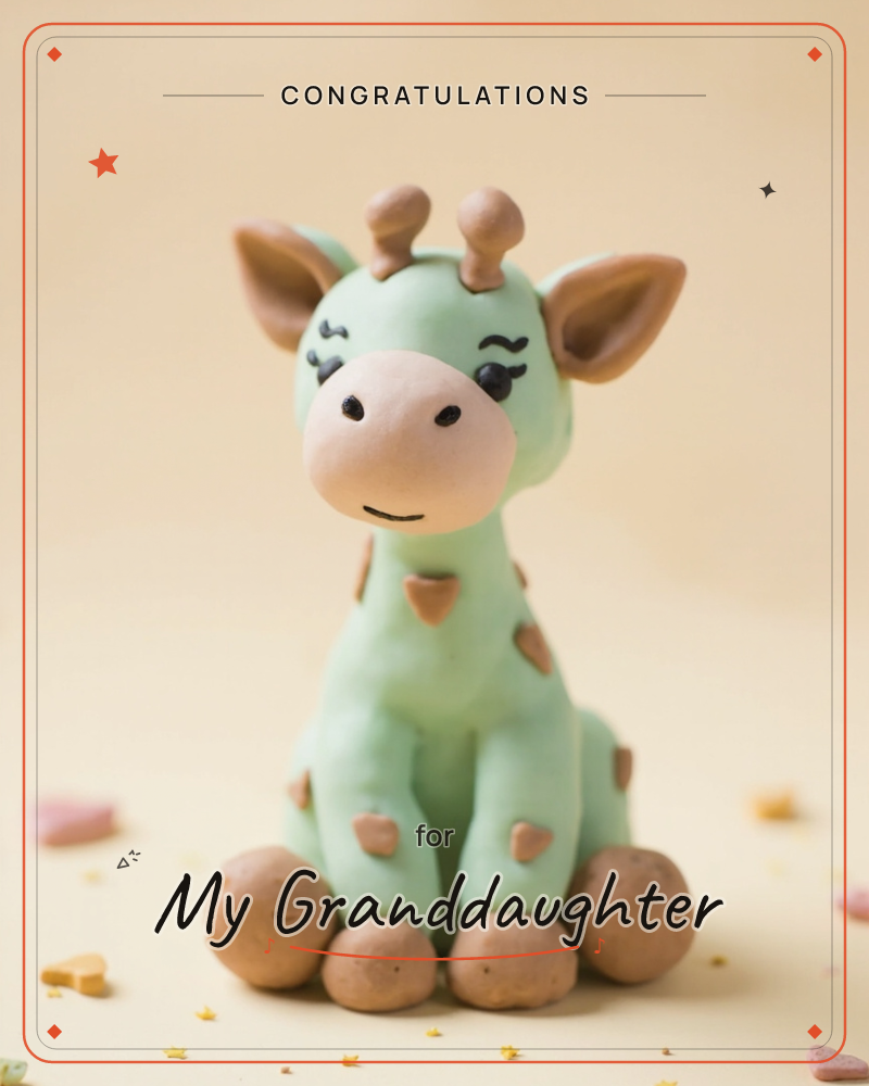 A tiny clay giraffe in soft mint green sits with its round paws tucked forward, brown spots and stubby horns giving it a handmade, doughy charm, a graduation e-card design