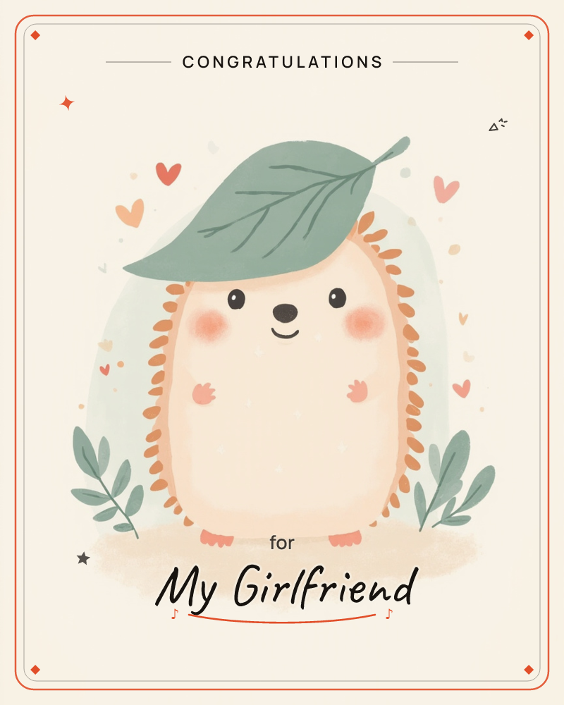 A round-bellied cartoon hedgehog stands smiling with rosy cheeks, a big green leaf balanced on its head like a hat, a graduation e-card design