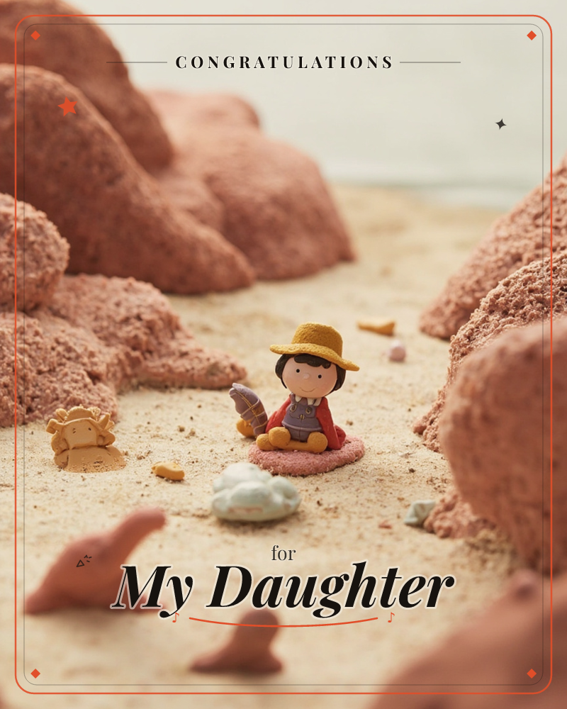 A tiny clay figure of a child in a straw hat and red overalls sits on sandy ground among rust-coloured boulders, flanked by a small crab and scattered…, a graduation e-card design