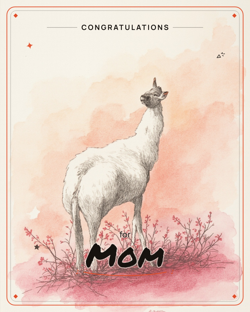 A finely inked llama stands amid sparse flowering branches, its head lifted and turned as if catching a scent on the breeze, a graduation e-card design