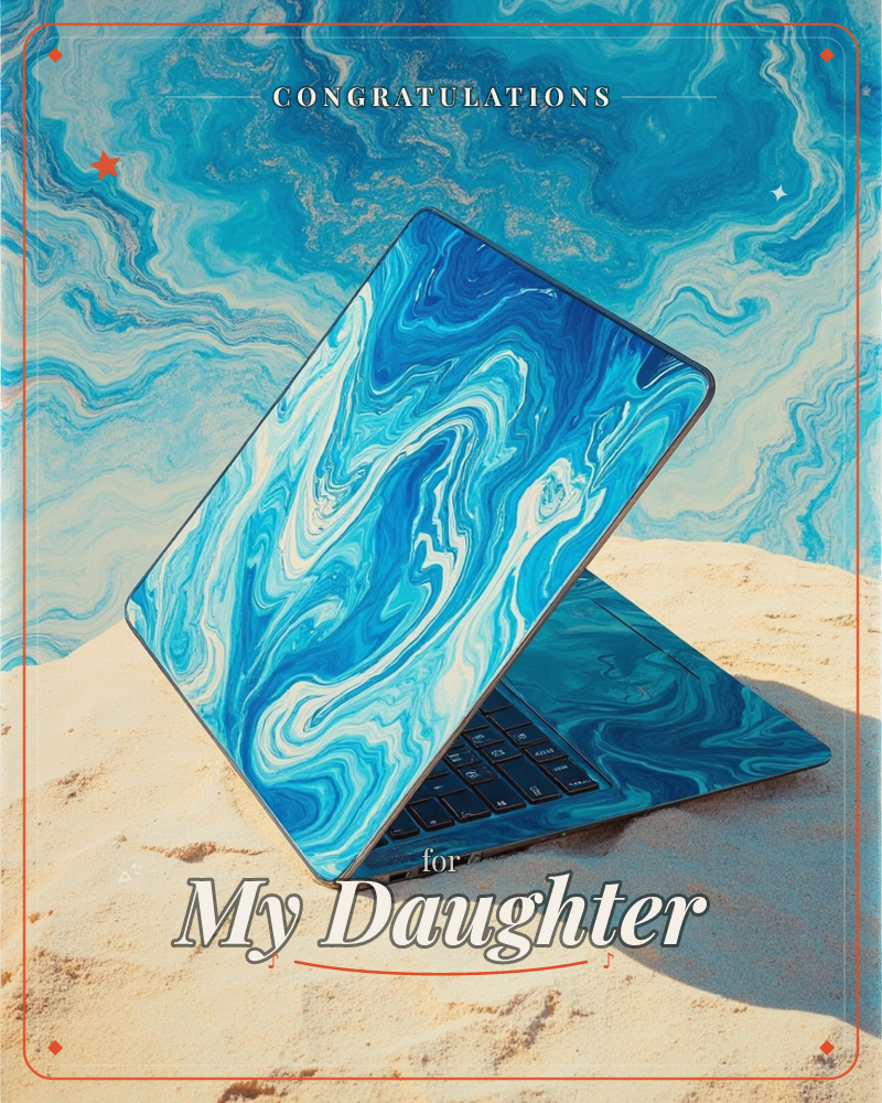 A laptop wrapped in a swirling blue and white marbled skin sits half-open on a sand dune, its lid mirroring the same liquid pattern that ripples across…, a graduation e-card design