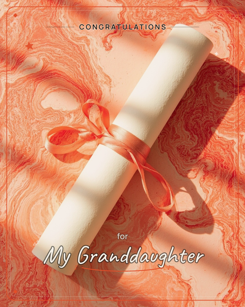 A rolled cream-coloured scroll, like a diploma or certificate, lies diagonally across a marbled orange and coral surface, tied with a coral ribbon in a…, a graduation e-card design