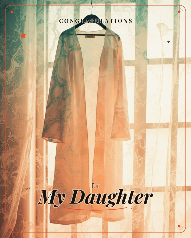 A sheer marbled robe hangs from a black wooden hanger against a sunlit window, its swirling teal and peach patterns glowing as light pours through the…, a graduation e-card design