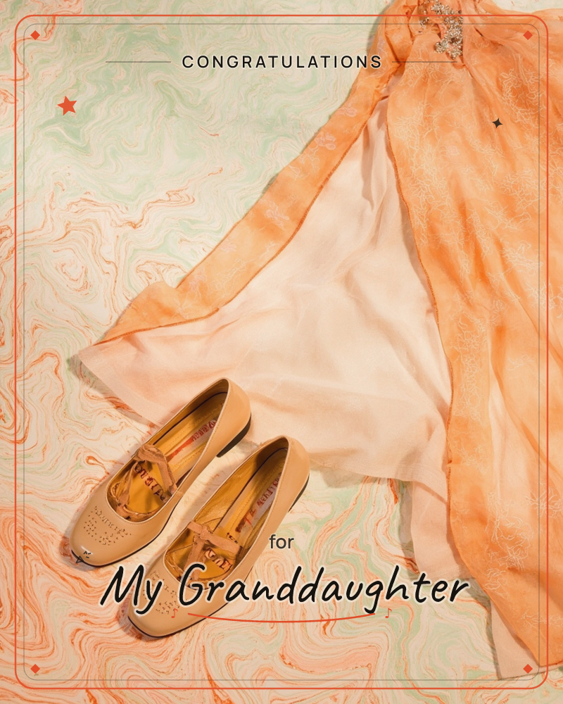 A pair of tan leather flats rests on a marbled cream-and-orange surface, tucked beside a sheer orange scarf or dress fabric with delicate embroidered…, a graduation e-card design