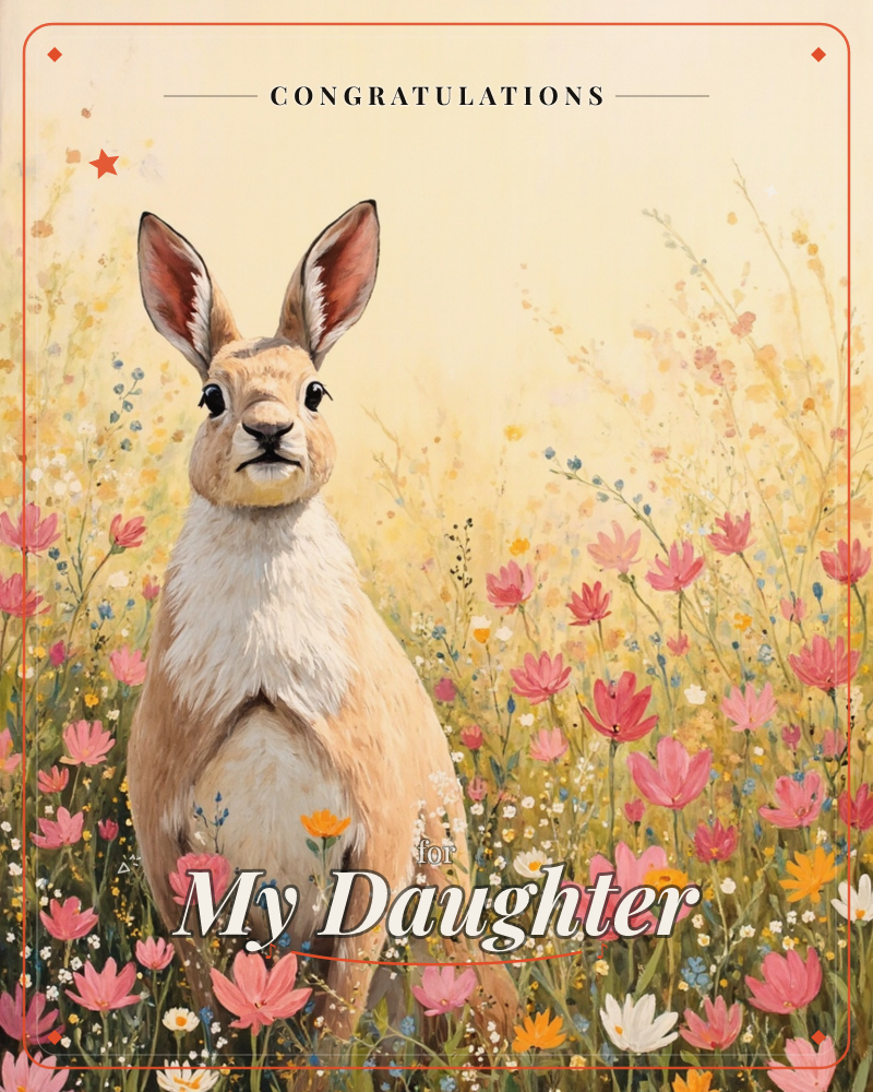 A rabbit sits upright amid a meadow of tall wildflowers, its ears alert and dark eyes facing forward, a graduation e-card design