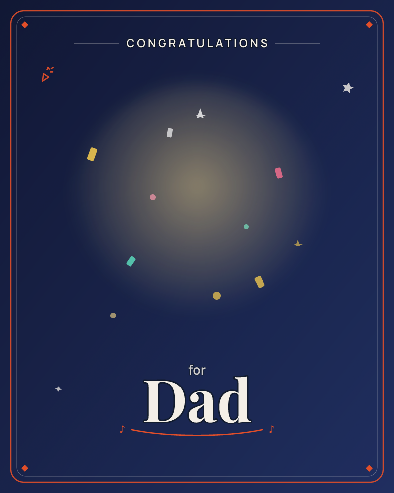 A soft golden glow radiates against a deep midnight-navy background, scattered with tiny confetti pieces in gold, pink, and teal drifting like a burst…, a graduation e-card design by @DittyCityTeam