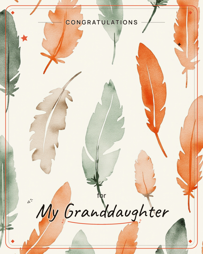 A repeating pattern of watercolour feathers drifts across a warm cream background, painted in soft washes of burnt orange, sage green, and taupe, a graduation e-card design