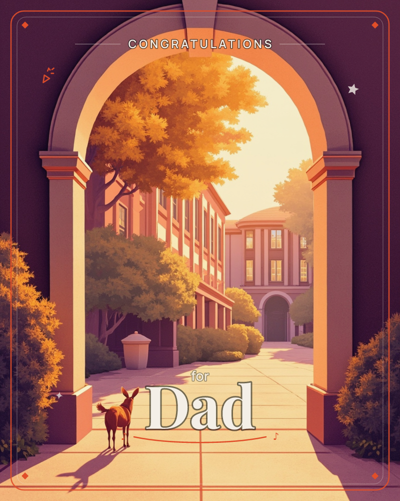 A stone archway frames a sunlit courtyard lined with tall buildings and glowing autumn trees, their leaves burnished gold in the late-day light, a graduation e-card design