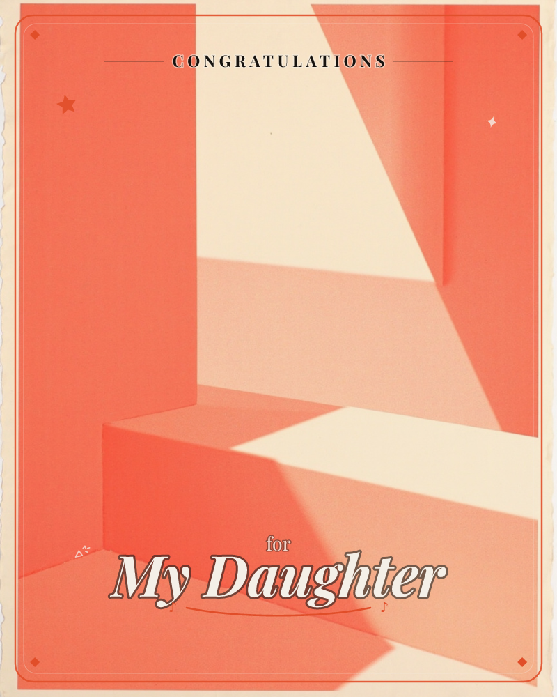 An abstract architectural scene rendered in coral and cream, showing a stark interior corner with a raised block or step catching a sharp diagonal beam…, a graduation e-card design