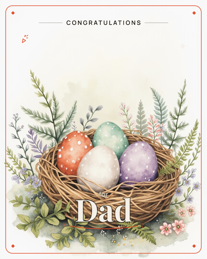 A woven twig nest sits nestled among ferns and small wildflowers, holding four speckled eggs in coral, teal, cream and lavender, a graduation e-card design