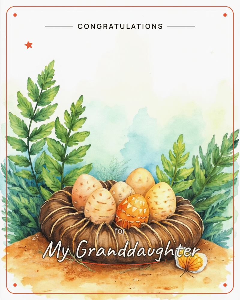 A woven straw nest sits on sandy ground, cradling a cluster of speckled and patterned eggs in soft cream, orange, and gold tones, a graduation e-card design