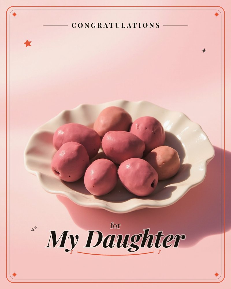 A scalloped white dish holds a small pile of rosy, egg-shaped fruit, arranged like a still-life study in soft pink light, a graduation e-card design