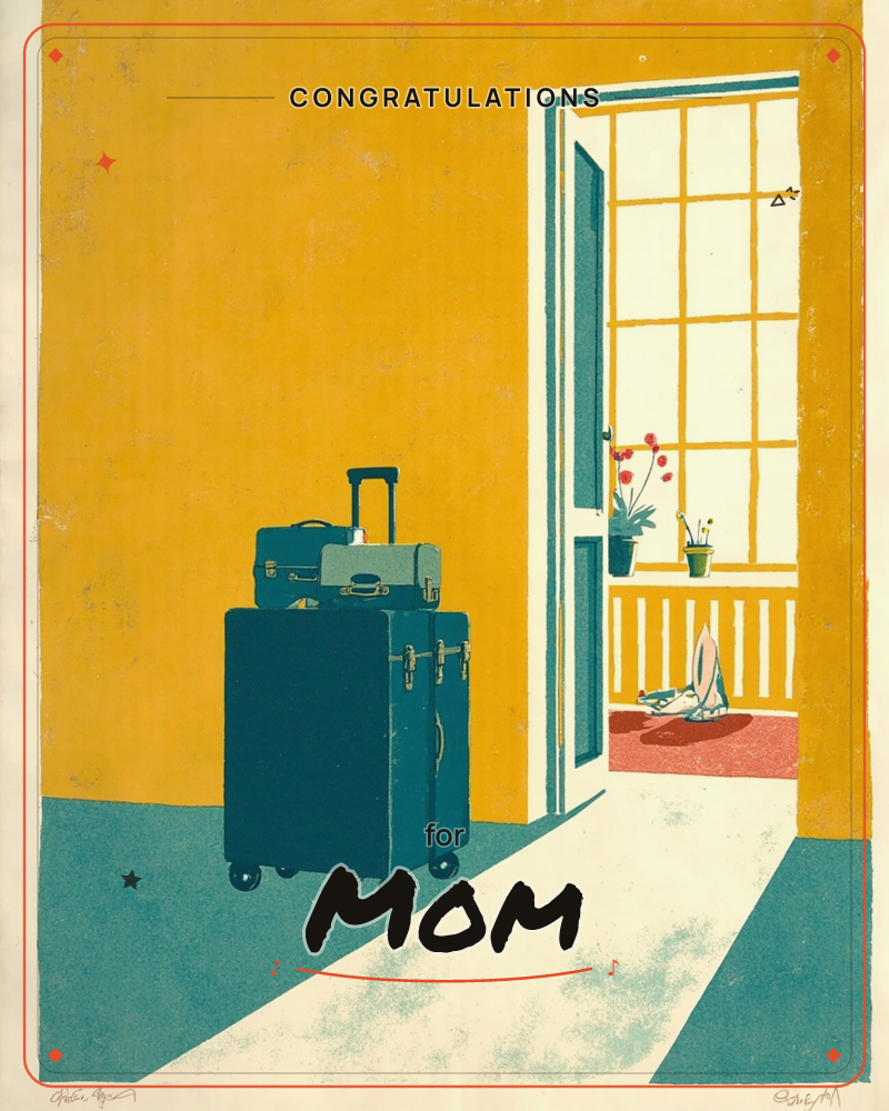 A stacked set of teal suitcases waits just inside a mustard-yellow hallway, sunlight pouring through an open door where potted flowers and a pair of…, a graduation e-card design