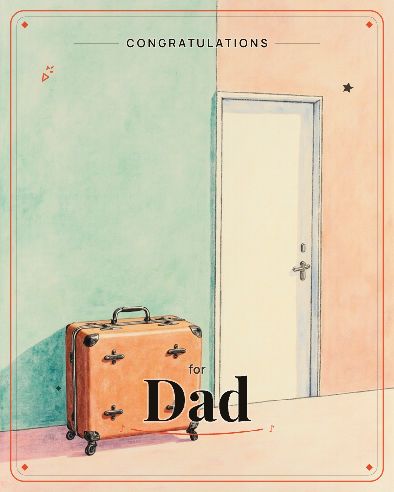 A vintage tan leather suitcase with brass clasps and small wheels sits alone on a floor where two painted walls meet, seafoam green on one side and…, a graduation e-card design