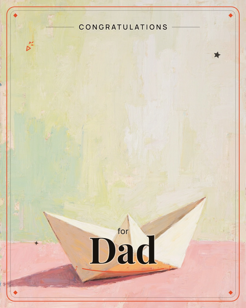 A single paper origami boat sits on a soft pink surface against a loosely brushed backdrop of pale green and cream, a graduation e-card design