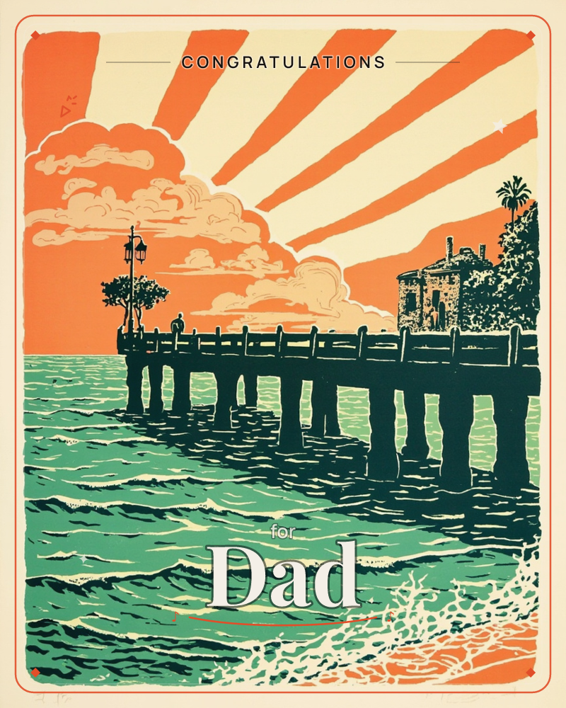 A wooden pier stretches out over teal, foam-flecked waves toward a lamplit railing, while a large sunburst of orange rays and rolling clouds fills the…, a graduation e-card design