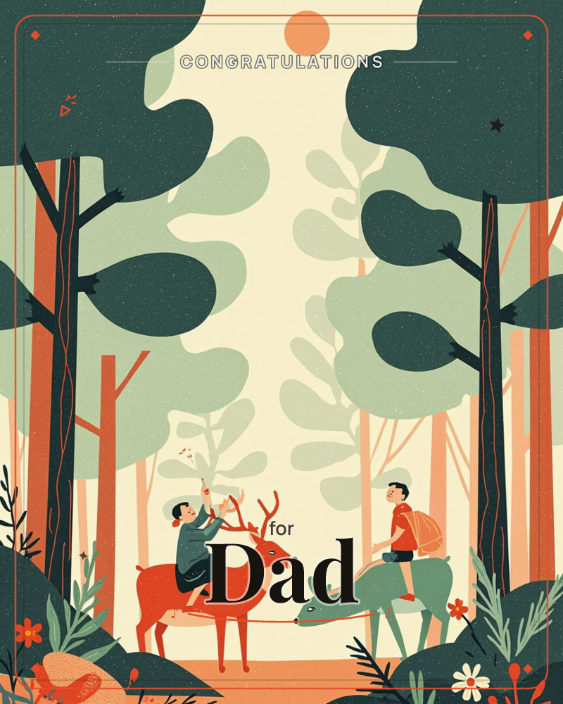 A tall stylized forest opens onto a pale sky with a soft orange sun, its rounded canopies layered in sage and deep green, a graduation e-card design