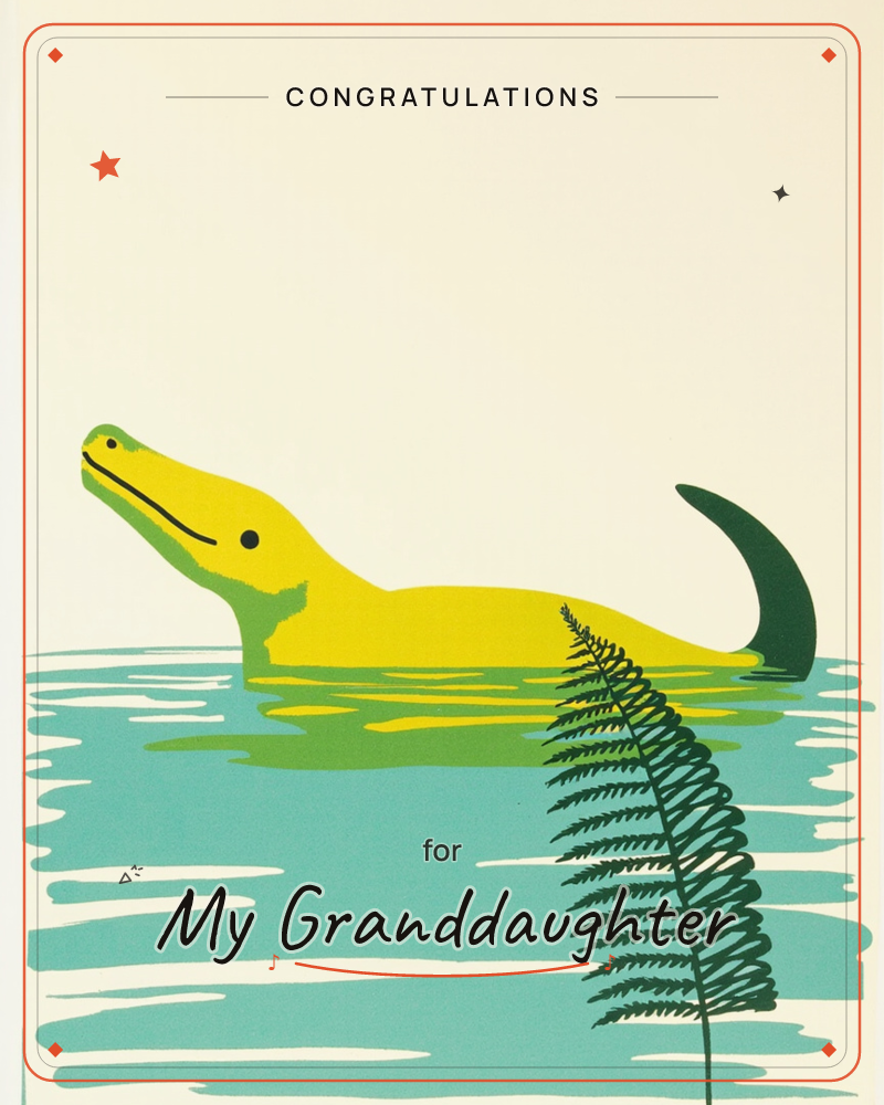 A bright yellow crocodile floats half-submerged in a scribbled turquoise pool, its tail curling up dark green behind it, while a single feathery fern…, a graduation e-card design