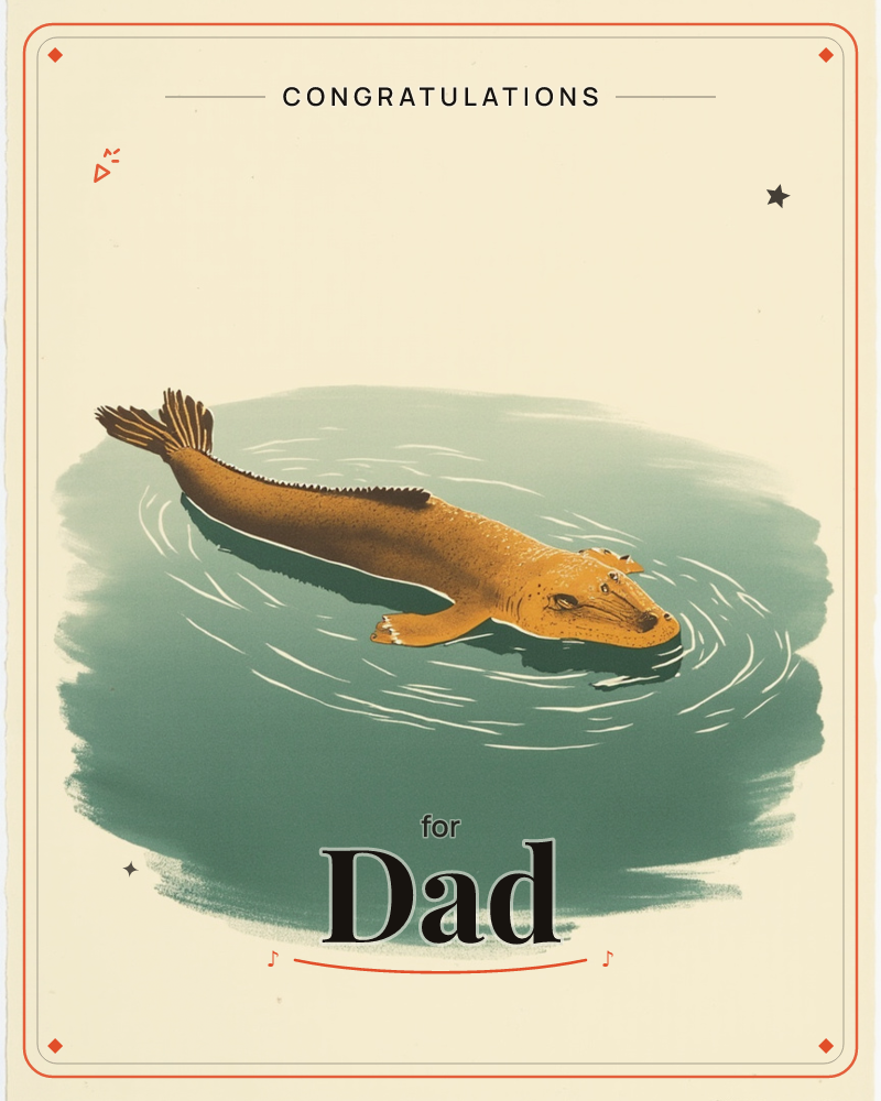 A golden-brown amphibious creature, part fish and part something older, glides at the surface of a teal pool, its ridged tail and small fins breaking…, a graduation e-card design