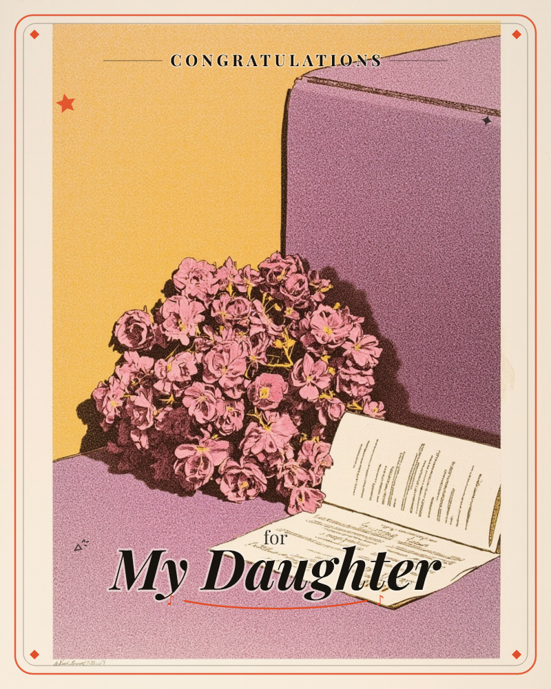 A cluster of mauve-pink roses rests against the mustard-yellow and dusty-plum corner of a room, an open book with small printed text laid open beside…, a graduation e-card design