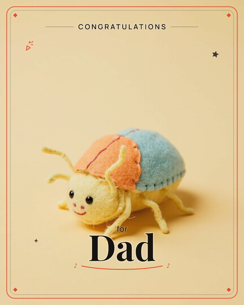 A felt beetle toy sits on a plain warm-yellow background, its rounded shell stitched in orange and blue with a fine red seam down the middle, a graduation e-card design