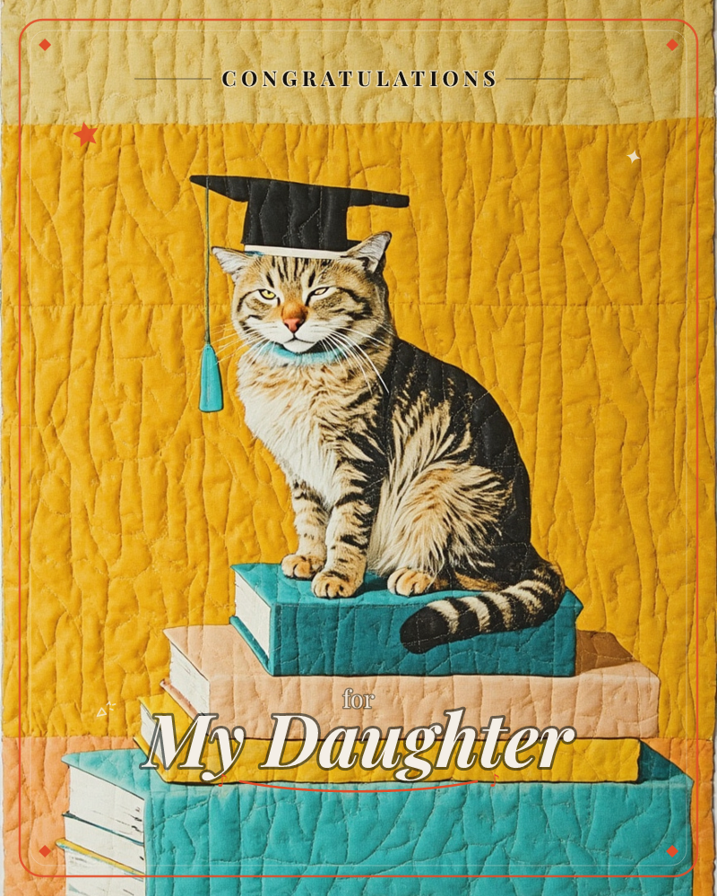 A tabby cat sits primly atop a stack of quilted books, wearing a black graduation cap with a teal tassel, against a mustard-yellow quilted backdrop, a graduation e-card design